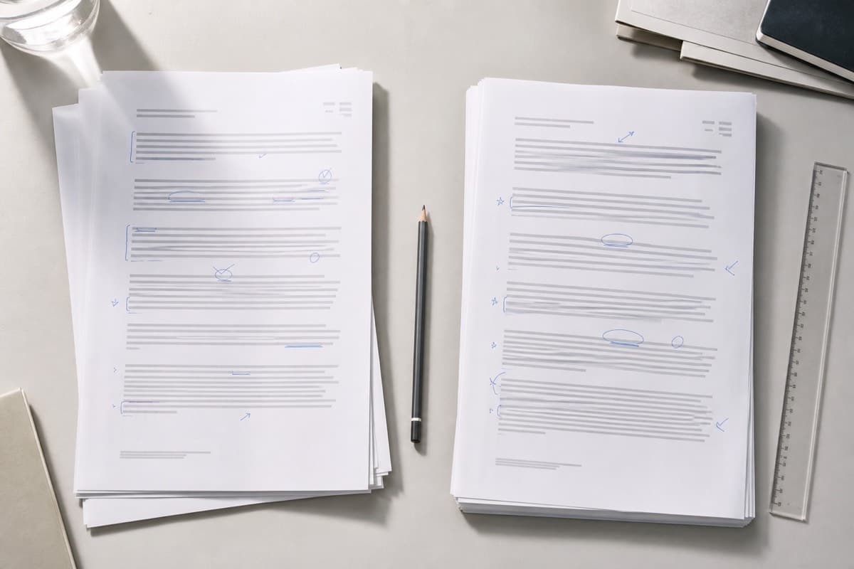 Printed AI responses marked up for brand mentions and linked domains on a research desk